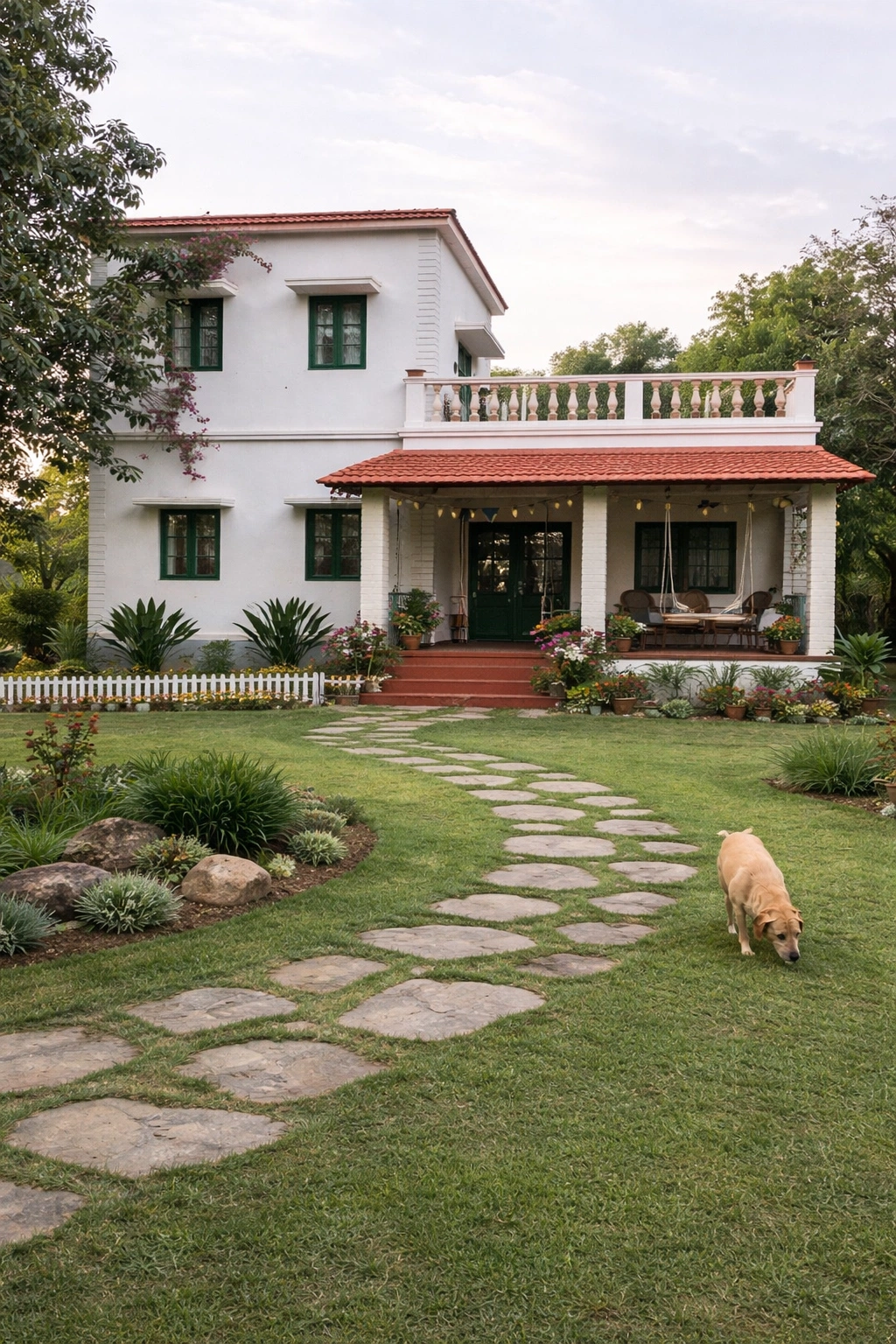 A white two-storey house with a red tile roof and green shutters, its lawn crossed by a stone path